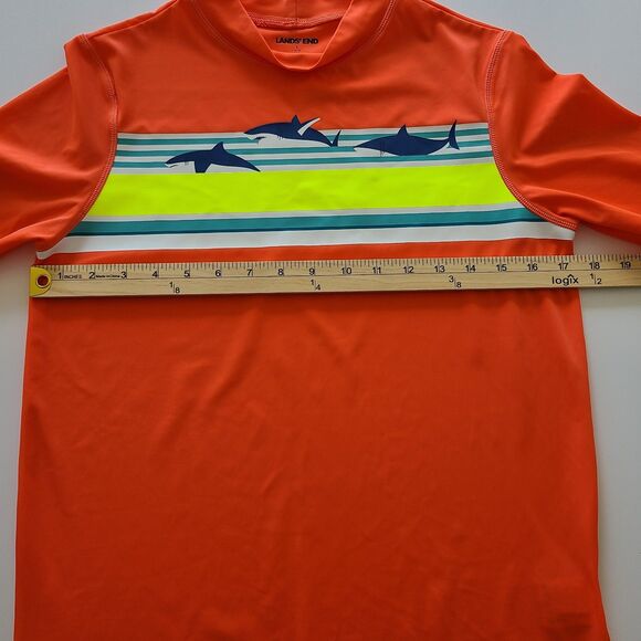 Lands’ End Short Sleeve Tee Rash Guard Swim Orange Sharks Size Large - Picture 5 of 7